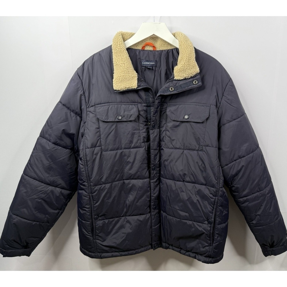 Lands' End Puffer Jacket Mens L Blue Sherpa Collar Quilted Coat